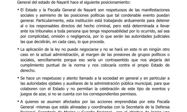 Fiscalía General del estado de Nayarit emite comunicado