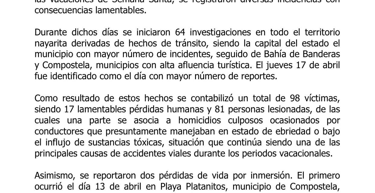 Incidencias registradas durante el periodo vacacional de Semana Santa en el estado de Nayarit