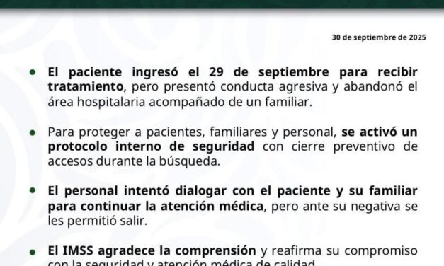 Respecto a los hechos registrados este martes en el Hospital General de Zona (HGZ) No. 33 en Bahía de Banderas, la Representación del IMSS en Nayarit informa:
