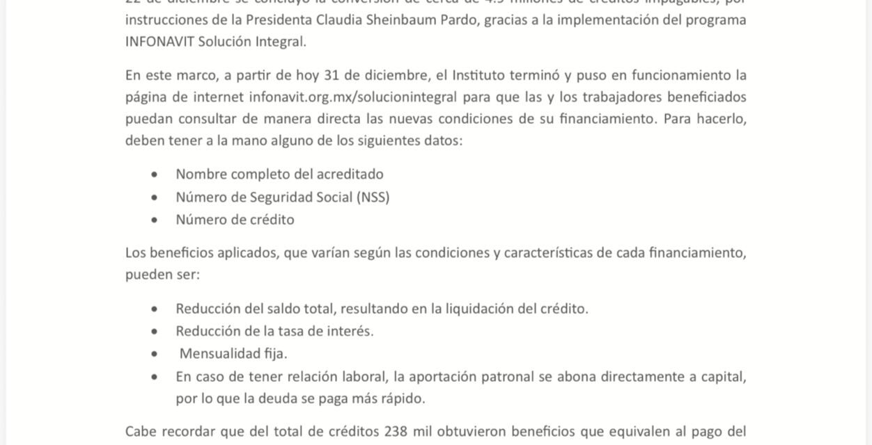 INFONAVIT LANZA SERVICIO PARA CONOCER NUEVAS CONDICIONES DE LOS CRÉDITOS QUE ERAN IMPAGABLES