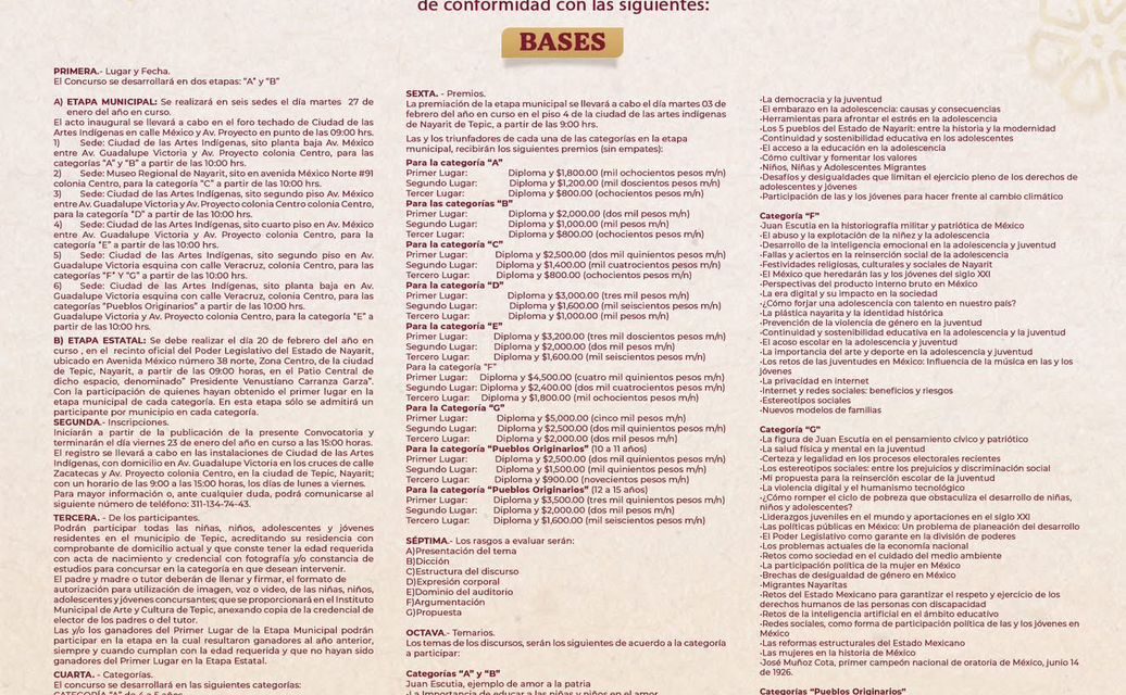 INVITAN AL XXXVI CONCURSO MUNICIPAL DE ORATORIA JUAN ESCUTIA 2026 EN TEPIC