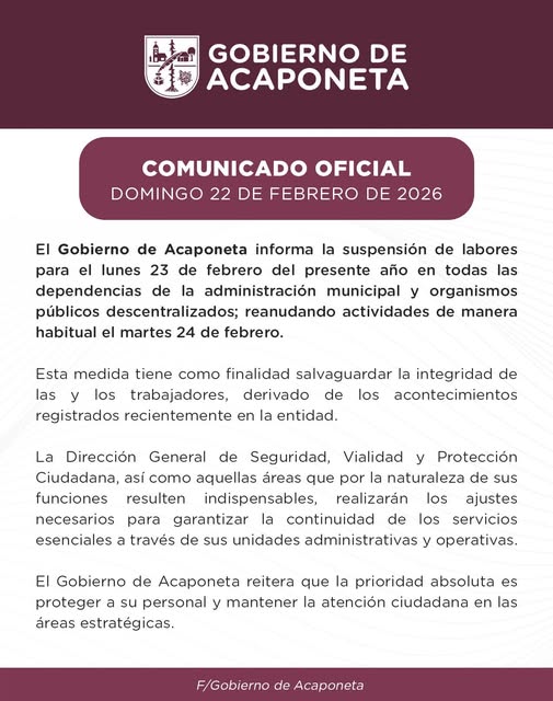 GOBIERNO DE ACAPONETA ANUNCIA SUSPENSIÓN DE LABORES PARA SALVAGUARDAR LA INTEGRIDAD DEL PERSONAL