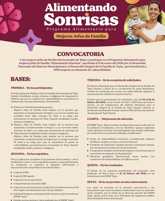 ¡SE ABRE CONVOCATORIA “ALIMENTANDO SONRISAS” PARA JEFAS DE FAMILIA EN TEPIC!