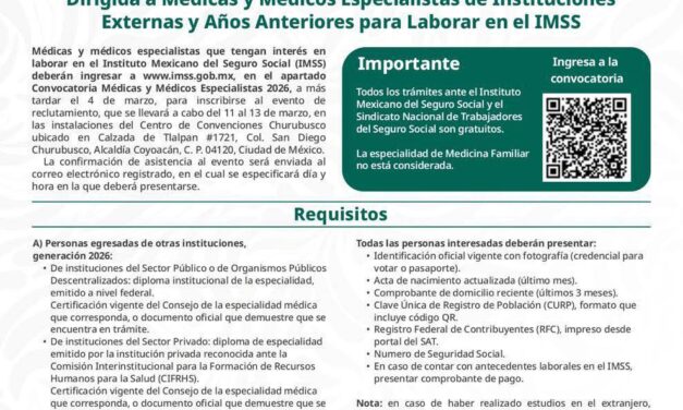 CONVOCATORIA 2026 PARA MÉDICAS Y MÉDICOS ESPECIALISTAS