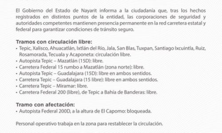 Gobierno de Nayarit informa situación actual de carreteras en la entidad