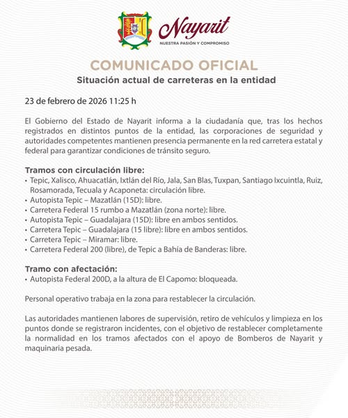 Gobierno de Nayarit informa situación actual de carreteras en la entidad