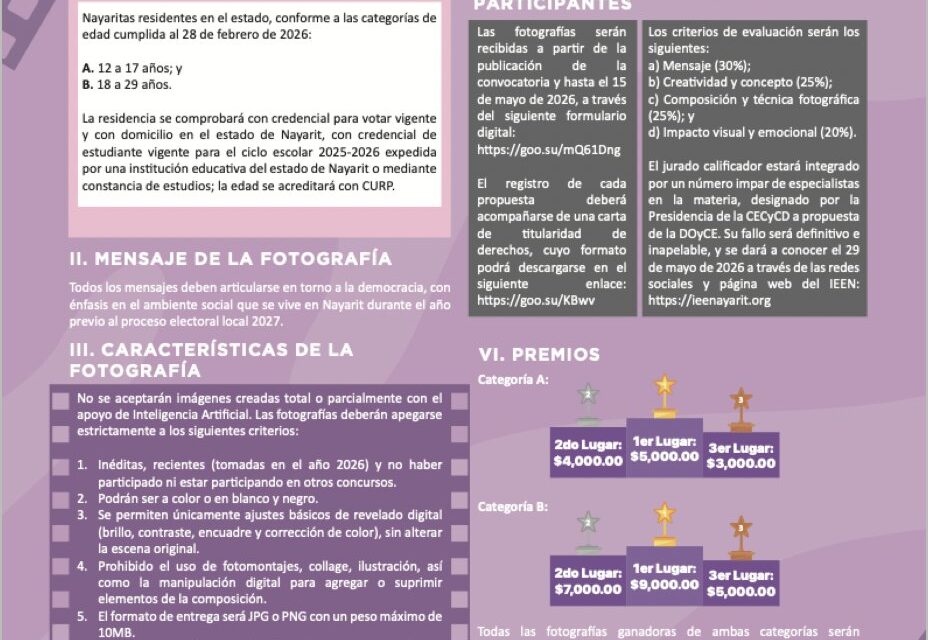 ¡CONVOCATORIA ABIERTA! PARTICIPA EN EL 8° CONCURSO DE FOTOGRAFÍA DEMOCRÁTICA EN NAYARIT