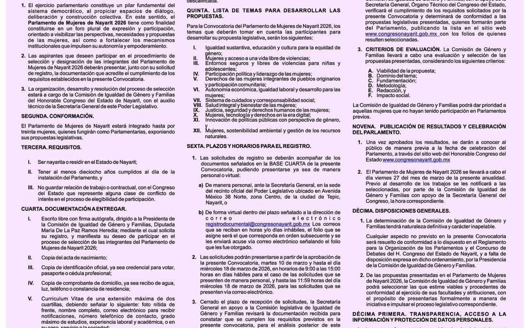 Congreso de Nayarit convoca a integrar el Parlamento de Mujeres 2026