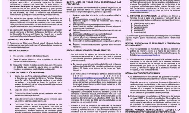 Congreso de Nayarit convoca a integrar el Parlamento de Mujeres 2026
