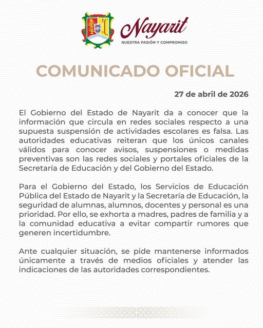 Aclara el Gobierno del Estado de Nayarit información falsa sobre suspensión de actividades escolares