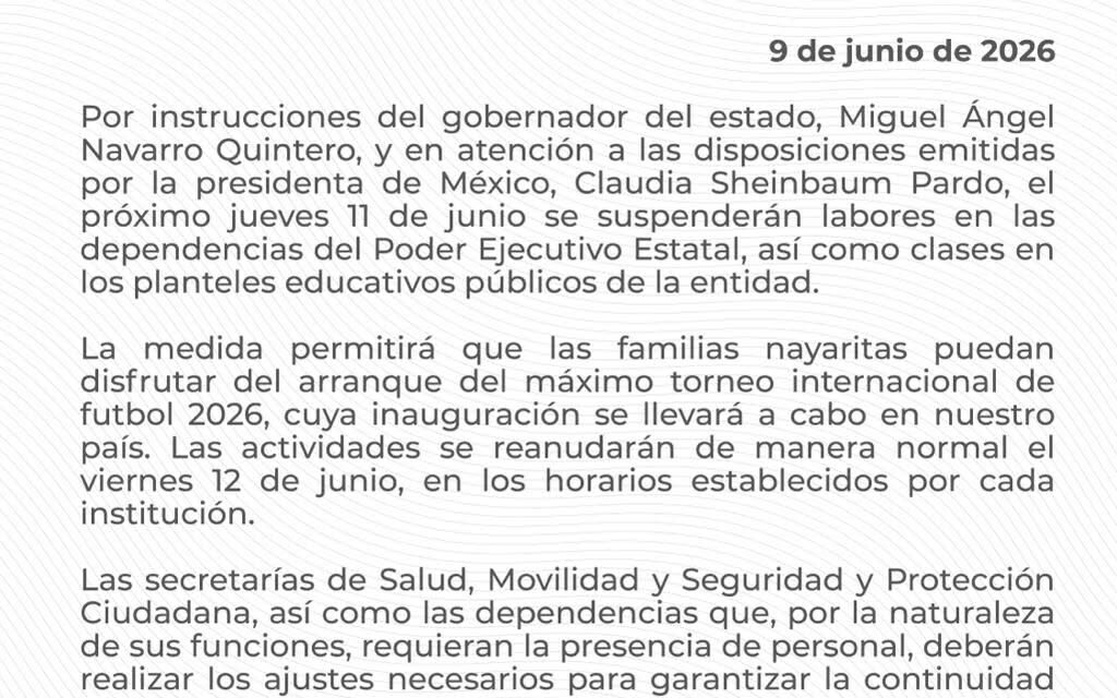 Suspenderán labores y clases en Nayarit el próximo 11 de junio