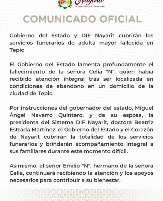 Gobierno de Nayarit y DIF Estatal brindan apoyo y acompañamiento a familia de adulta mayor fallecida en Tepic
