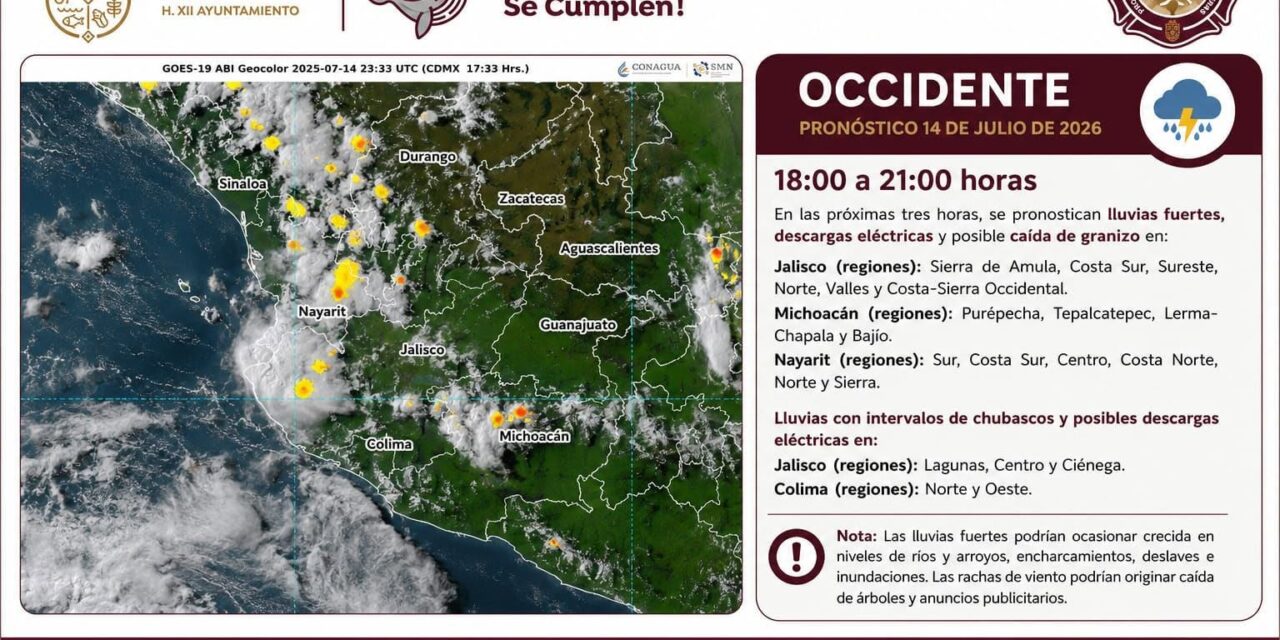 ¡ALERTA POR LLUVIAS FUERTES Y TORMENTAS EN EL OCCIDENTE DE MÉXICO!