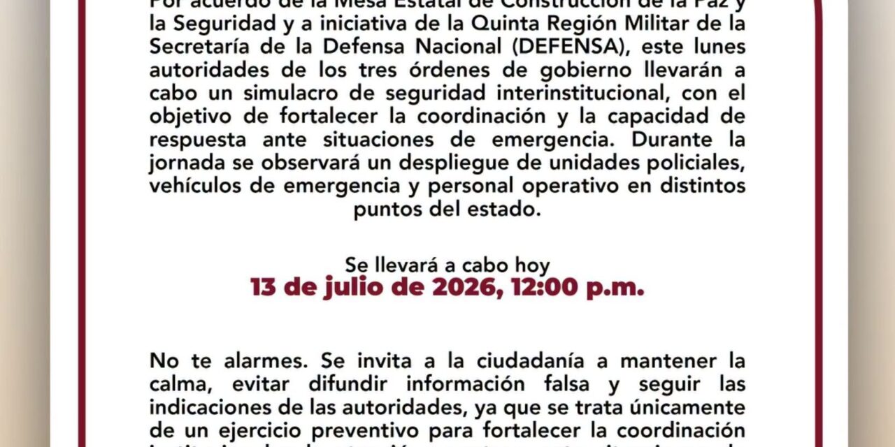 Gobierno de Nayarit realizará Simulacro de Seguridad Interinstitucional para fortalecer la respuesta ante emergencias