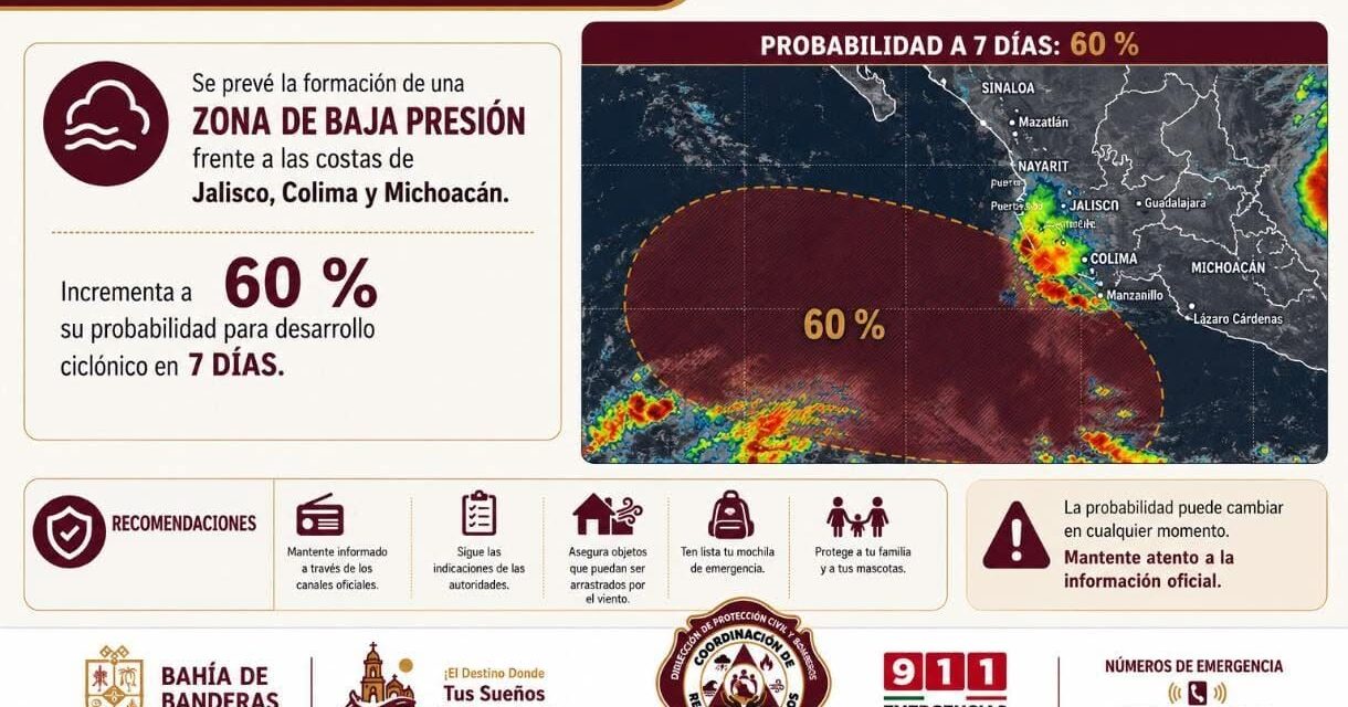 ¡BAHÍA DE BANDERAS EN VIGILANCIA POR POSIBLE DESARROLLO CICLÓNICO!