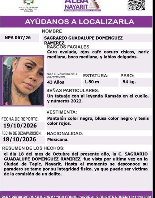 ¡ACTIVAN PROTOCOLO ALBA PARA LOCALIZAR A SAGRARIO GUADALUPE DOMÍNGUEZ RAMÍREZ!
